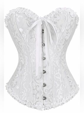 White Floral Brocade Overbust Corset - Elegant Lace Trim-Like New-Size L
